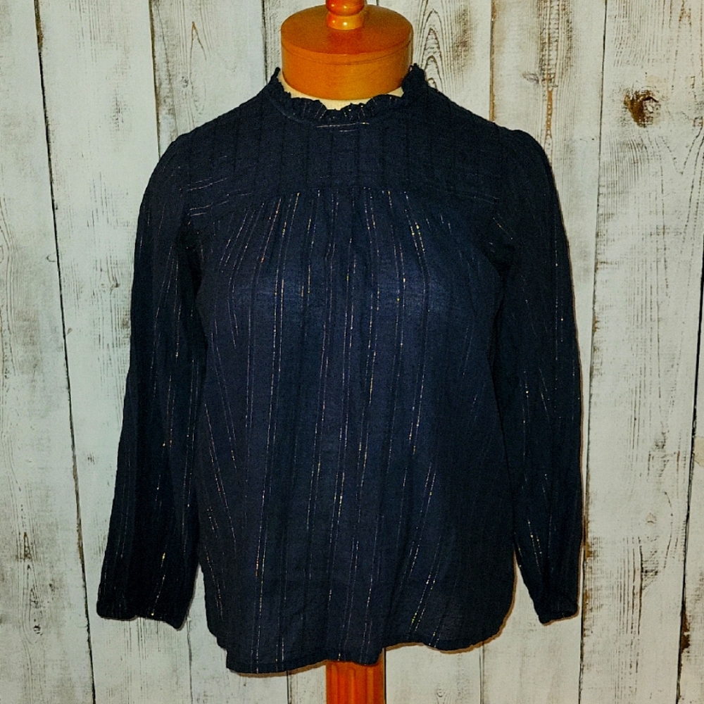 Maeve / Anthropologie Navy Blouse with Mini Ruffle Collar